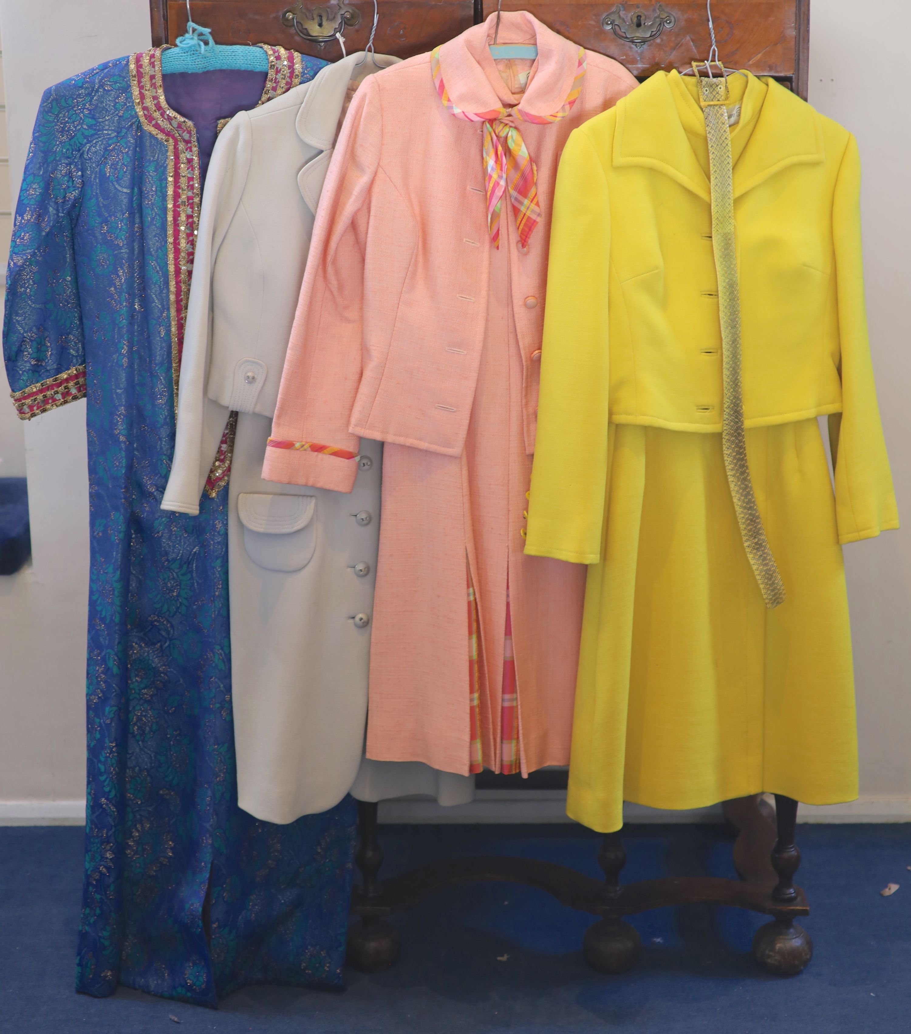 Three Susan Small dress and jacket suits and a lurex kaftan